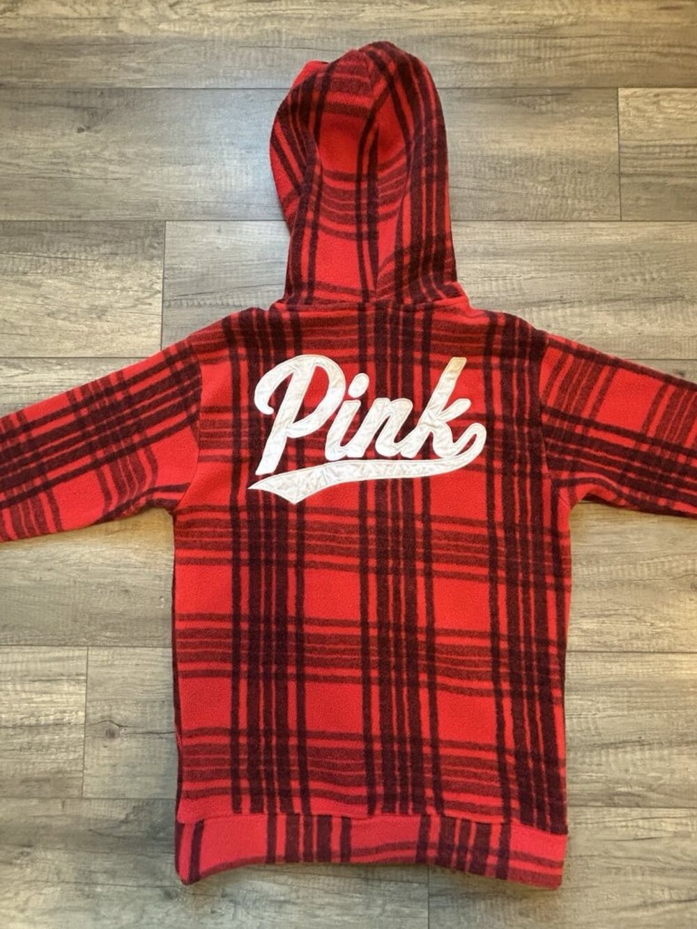 PINK Victoria's Secret Medium Polar Fleece Red Black Plaid Half-Zip Hoodie Gift - Picture 8 of 11